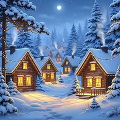 Winter Village at Night - Cozy Cabins in a Snowy Landscape.