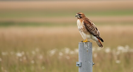 Red-tailed Hawk Perched on a Metal Post in a Field.