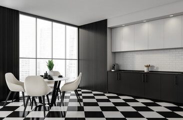 Contemporary kitchen interior with checkered floor, minimalist furniture and decor in monochrome style, large windows, white brick wall, 3D Rendering