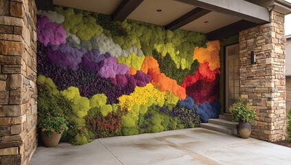 Vibrant, textured living moss wall bursts with rainbow colors, transforming an exterior entryway into a natural art installation
