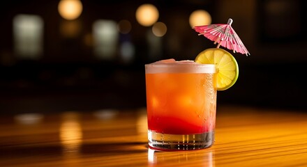 Refreshing Tropical Cocktail with Lime and Umbrella Decoration.