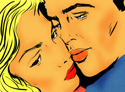 pop art couple amour sensualit&eacute; gros plan une femme nostalgique et un homme amoureux qui l'embrasse tendrement sur la joue