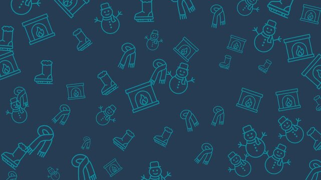 Seamless winter pattern featuring snowmen, fireplaces, scarves, and winter boots perfect for seasonal designs and holiday projects. Festive and cheerful.