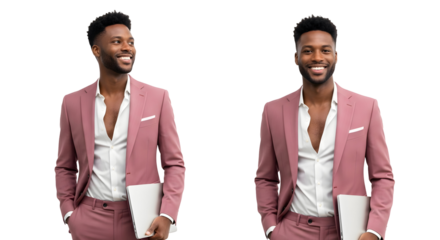 Business Professional: Confident Young African American Executive With Laptop in Pink Suit