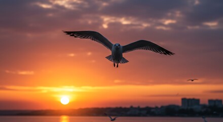 Seagull soars gracefully across vibrant sunset landscape over the sea