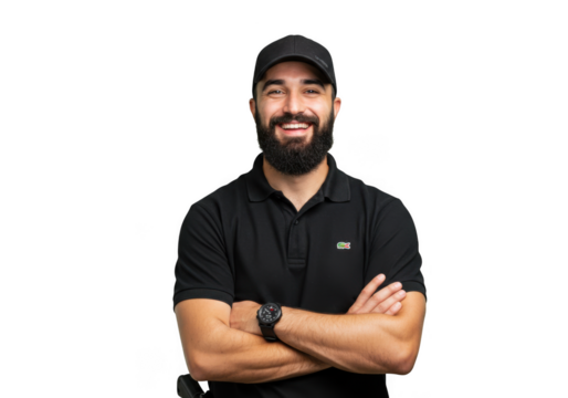 Bearded man smiles with arms crossed pose on transparent background