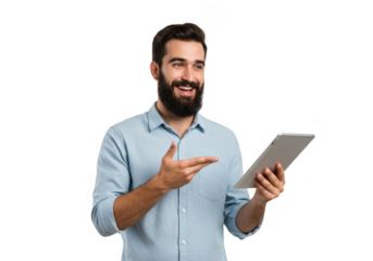 Man smiling holding and pointing to tablet on transparent background