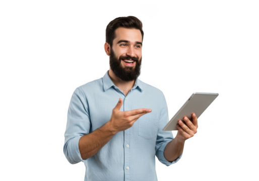 Man smiling holding and pointing to tablet on transparent background