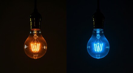 Two hanging light bulbs one orange one blue on dark background.