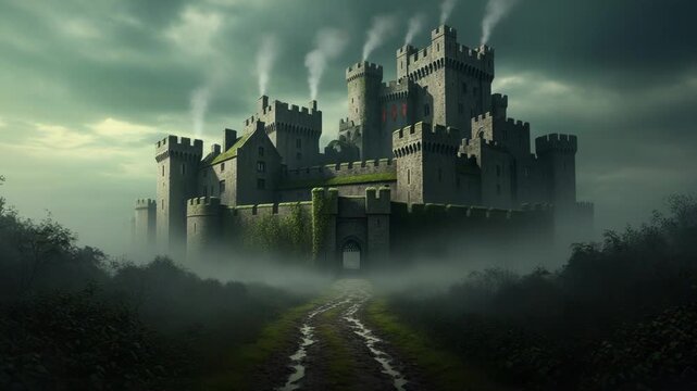 Misty morning view of a large medieval castle with smoking chimneys