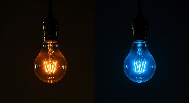 Two hanging light bulbs one orange one blue on dark background. - Powered by Adobe