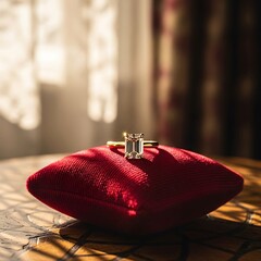 Engagement Ring on Red Pillow - A Symbol of Love and Commitment.