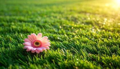 柔らかな朝の光に照らされ、人工芝の上に一輪だけ咲いた小さな花。シンプルな構図の中に生命力と希望を感じさせる、ナチュラルで癒しのある春のイメージ