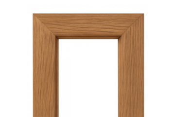 Wooden doorway trim or architrave frame with miter joints on transparent clear background, offering a natural wood texture