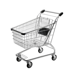 Metal shopping cart, with wire basket and wheels. Black background