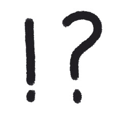 Black hand-drawn punctuation marks in doodle style. Exclamation and question mark painted with brush strokes, isolated on a white background.