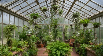 Lush greenhouse interior showcasing hanging plants and diverse botanical specimens under glass roof.