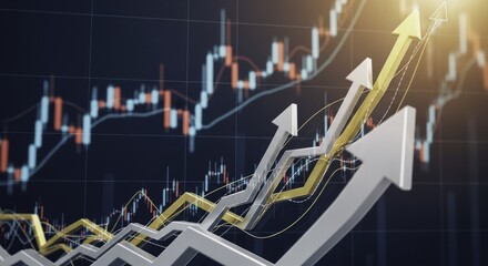 Dynamic Financial Market Growth Visual with Upward Trend Arrows and Candlestick Chart, Symbolizing Investment Success and Positive Economic Outlook