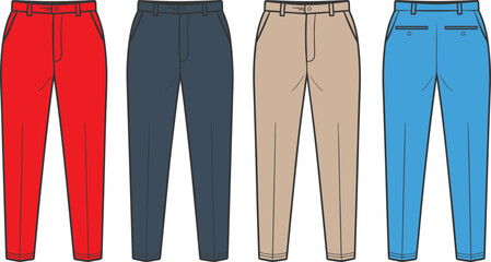 Men&rsquo;s slim fit trousers front and back view vector illustration, stylish chino pants CAD drawing, modern fashion flat template