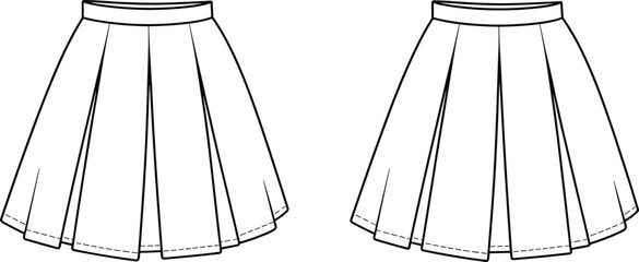 Pleated skirt CAD fashion flat vector illustration, technical garment drawing template, clothing design outline for apparel designer, black and white fashion sketch