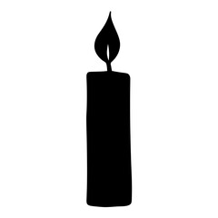 Black silhouette of a burning candle with flickering flame, isolated on white