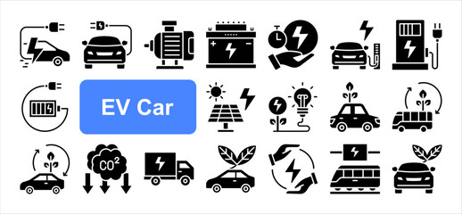 EV Car icon set, with vehicle, Electric car, Battery power, Charging station, Renewable energy, Zero emission, Sustainable mobility.  Simple flat vector.	