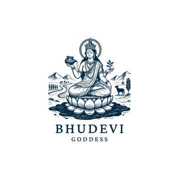 Bhudevi Hindu Earth Goddess Vintage Logo. vector illustration of Goddess Bhudevi, sitting on a lotus and holding a plant, surrounded by a lush landscape with mountains, rivers, fields, and animals