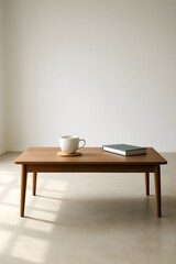 Minimalist wooden coffee table with a textured mug and a book in a sunlit, serene room setting.