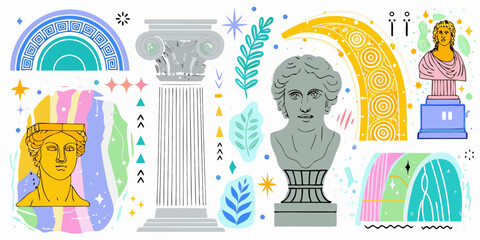Collage of greek statues and architectural elements with abstract shapes and colors
