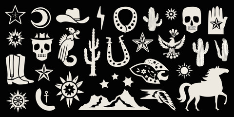 Obraz premium Collection of western and southwestern themed icons and symbols in white on a black background