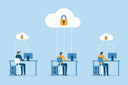 People working on computers connected to secure cloud storage with locked icons symbolizing data protection and cybersecurity