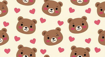 Fototapeta premium Cute bear pattern with pink hearts on a cream background.
