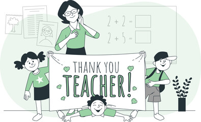 Cheerful teacher with students holding a thank you banner and classroom elements Keywords: thank you teacher, education, students, classroom, learning, school, appreciation, banner, children