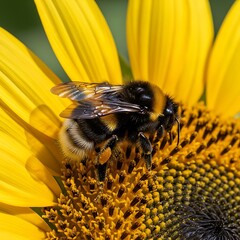 Bumblebee on Sunflower - A Close-Up of Pollination in Action.
