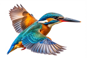Colorful kingfisher bird in flight isolated on transparent background in studio