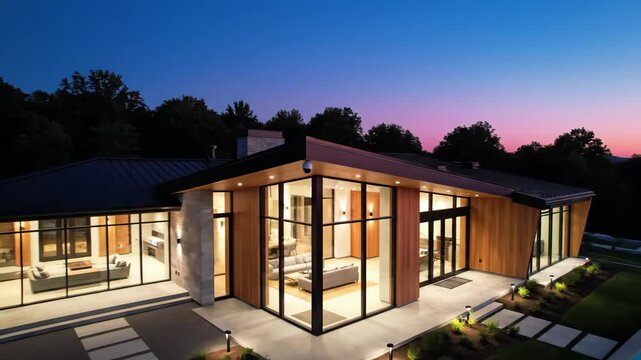 Contemporary Luxury Villa with Illuminated Glass Walls and Wooden Facade at Dusk, Featuring a Serene Pool and Mountainous Backdrop