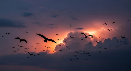 Obraz premium Silhouettes of birds flying against a dramatic sunset sky with vibrant clouds.
