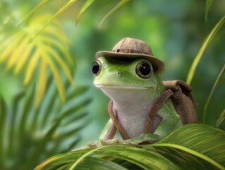 Tree frog wearing a small explorer hat, with a mini backpack, tropical background