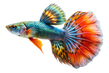 Beautiful male guppy with long tail isolated on transparent background
