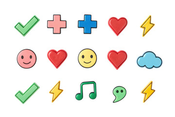 Collection of various colorful cartoon icons isolated on transparent background