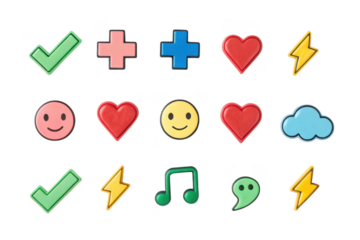 Collection of various colorful cartoon icons isolated on transparent background