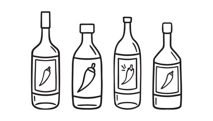 Hot pepper sauce bottle doodle hand drawn icon set. Outline drawing line clipart symbol collection