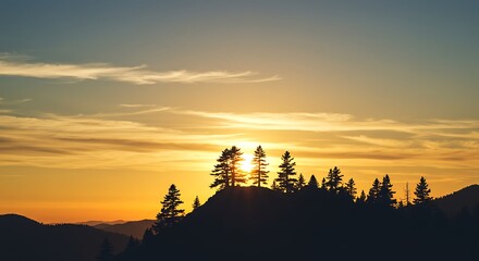 Silhouette of Pine Trees on a Hilltop Against a Dramatic Sunset Sky.