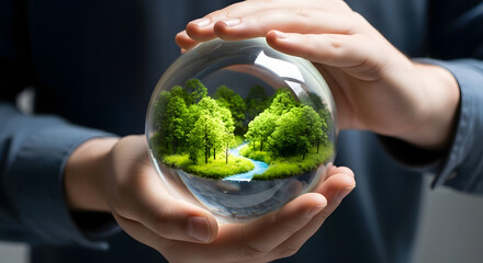 Human hands holding a transparent glass sphere with a forest and river inside - Concept of International Earth Day  
