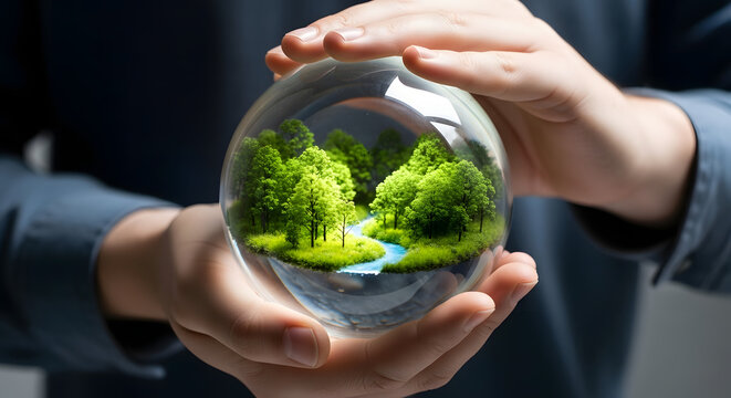 Human hands holding a transparent glass sphere with a forest and river inside - Concept of International Earth Day  
