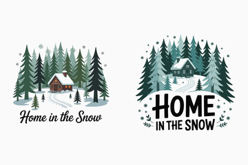 Obraz premium Cozy cabin nestled in snowy evergreen forest winter