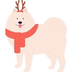 Fluffy White Samoyed Dog Wearing a Red Scarf and Antlers on Transparent Background