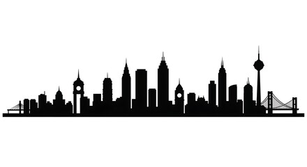 Obraz premium Urban skyline silhouette with skyscrapers, minimalist black city view vector, perfect for posters, web banners, or logo design.