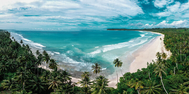 Stunning panoramic aerial view of a secluded tropical beach with turquoise ocean and lush palm tree forest. - Powered by Adobe