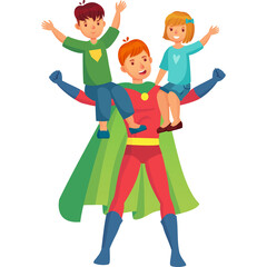 Father dressed as a superhero carrying his two happy children on his shoulders wearing a red blue and green costume with a cape